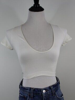 Out From Under UO Ribbed Crop Top White Deep V Neck Baby Tee XS/S